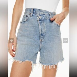 Agolde Criss 100% Cotton Frayed Cross Waist Asymmetrical Denim Jean Shorts